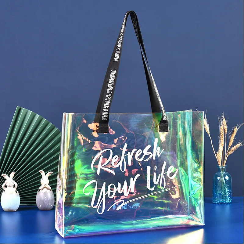 

Wholesale Custom Logo Fashion Letter Laser Shoulder Beach Shopping Holographic Pvc Women'S Tote Bag, Multi color