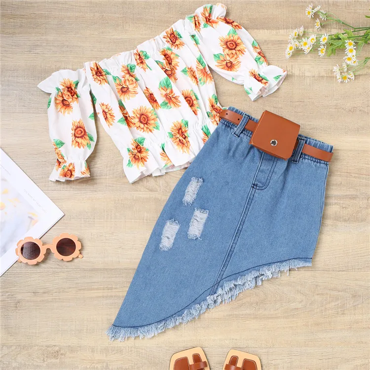 

fashion girls outfits summer girl off-the-shoulder floral top + denim skirt Boutique children clothing set