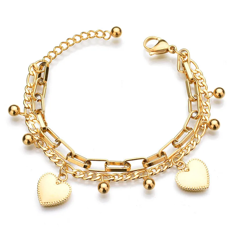 

BS4006 Hot Selling Gold Stainless Steel Chunky Curb Chain Bracelet with Heart & Ball charms