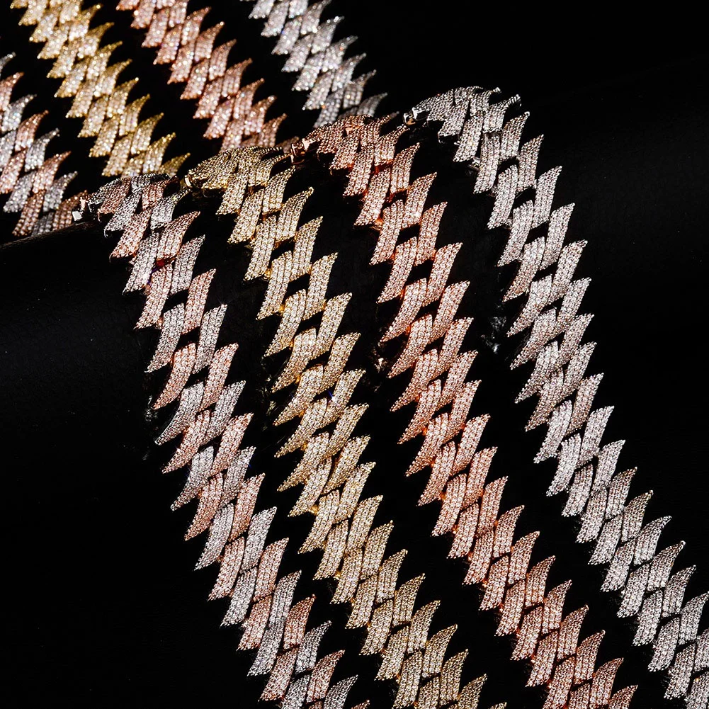 

20mm Gold Silver Rose Gold Color Copper Base 14k Gold Plated Full Cz Stone Micro Setting Cute Thorn Miami Cuban Chain Necklaces, Color,silver,rose