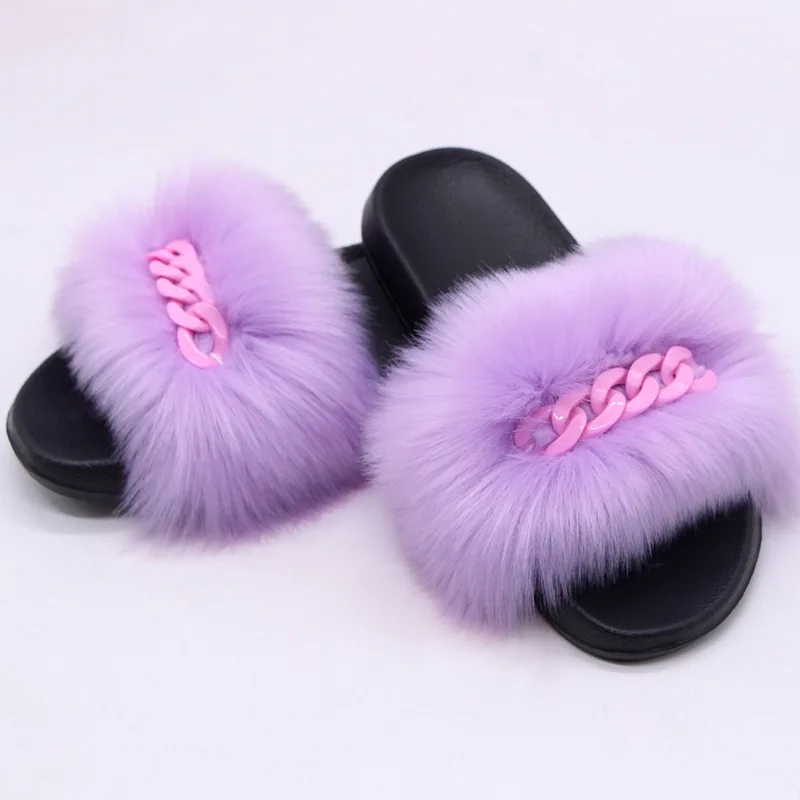 

PDEP 2021New Hot selling Candy Color custom Fluffy Slippers Big size45 faux fur house slippers with Color Chain for women