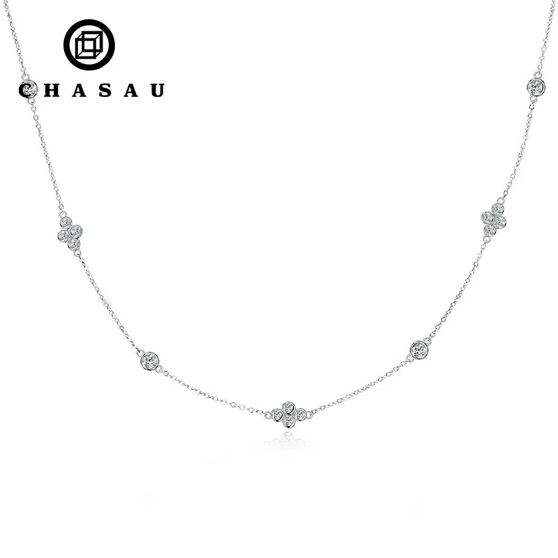 2024 New Trendy 925 Sterling Silver 3mm&2mm Round Cut Moissanite Stone Four Leaf Clover Choker Necklace for Women