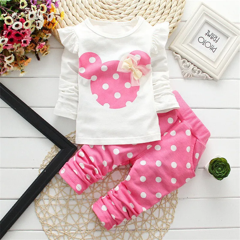 

New cartoon children clothing Minnie polka dot set Long sleeve two piece set for children Round collar mouse polka dot set, Picture shows