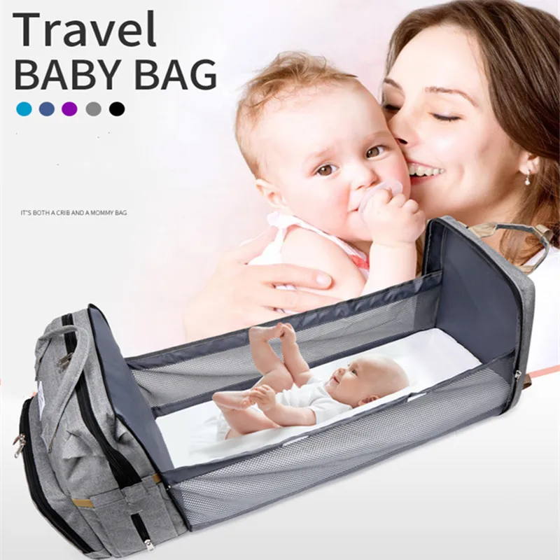 

Hot Sell 2021 multifunctional portable travel mommy bag folding crib 3 in one multi purpose baby bag bed mummy backpack, Blue