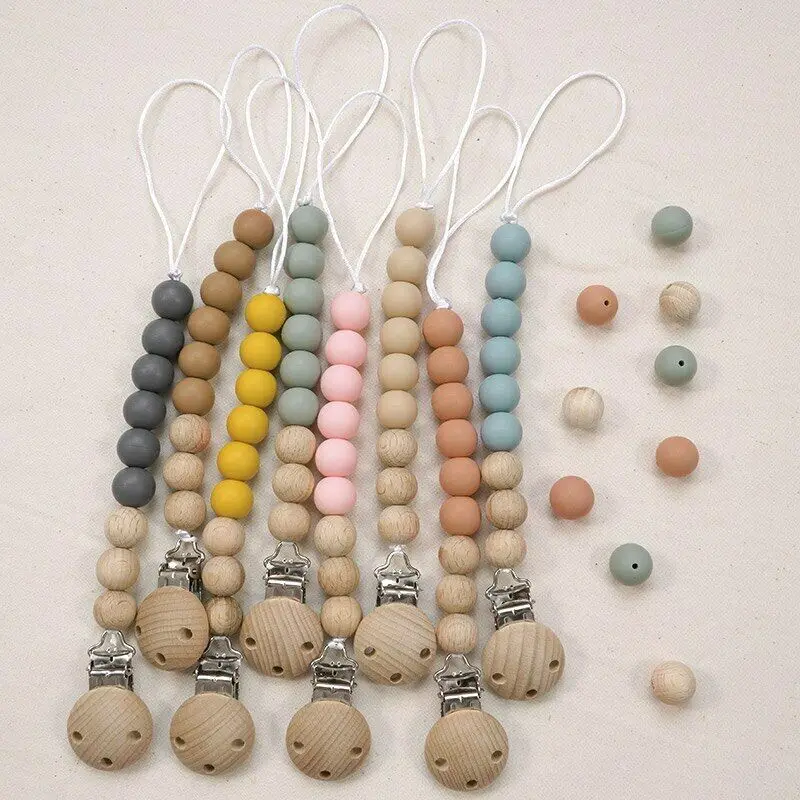 

BPA Free Silicone Bead Beech Wood Beads Pacifier Clips Baby Teething Dummy Nipple Holder