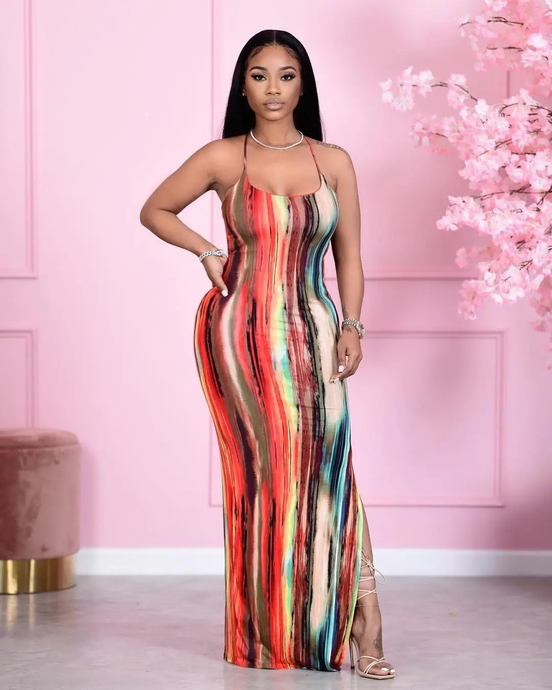 

H6129 - Fit Sexy Tie Dye Backless Sleeveless Halter Dresses Women