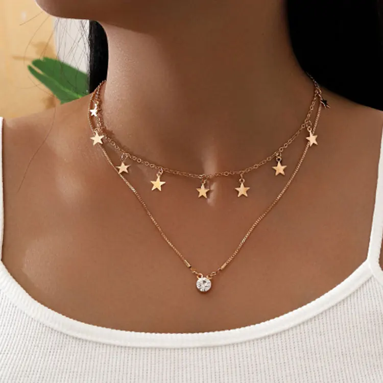 SC Ins Trendy Double Layer Choker Necklace Gold Plated Layered Necklace Fashion Rhinestone Star Pendant Necklace for Women 2022