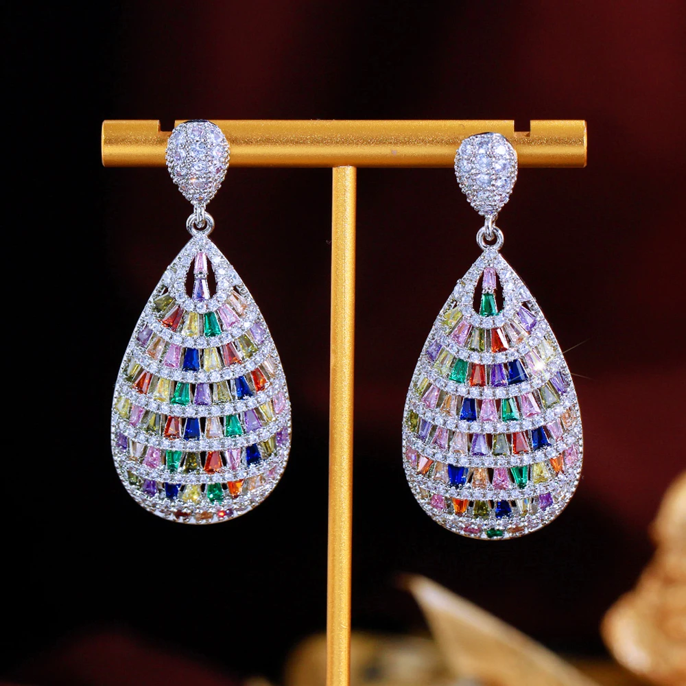 Expensive Chunky Oversize Jewelry Multicolor Cubic Zirconia Big Long Hanging Drop Women Pageant Wedding Earrings for Lady Gift