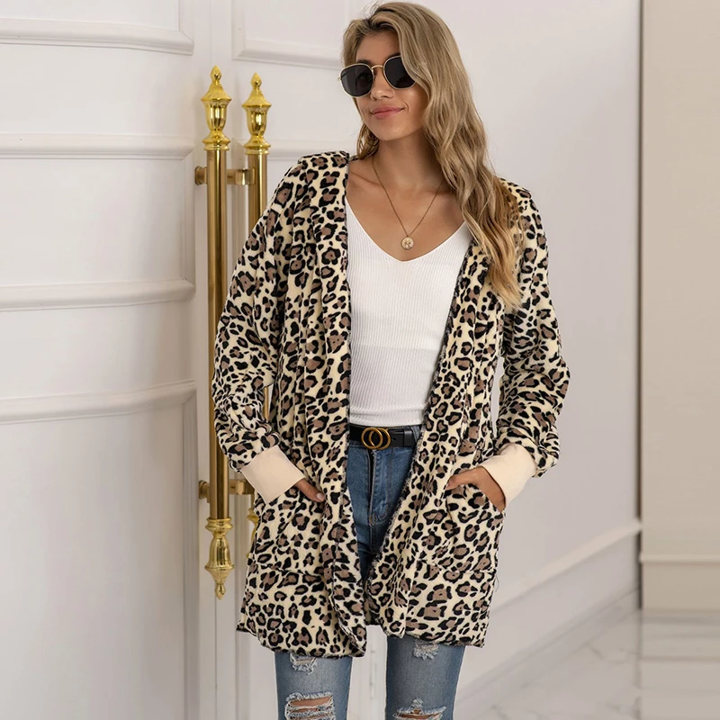 

Women's Leopard Plush Coat New Cardigan Fashion Leopard Long Sleeve Coat Cardigan Jacket