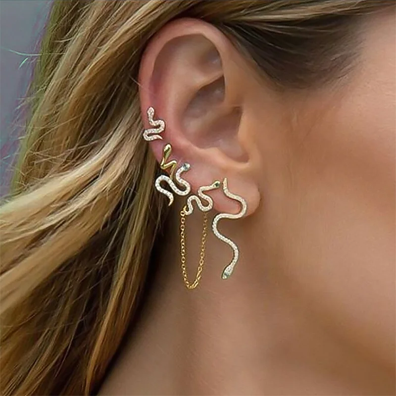 

2021 New Fashion 5 pairs/sets Hip Hop Women Jewelry Iced Out Crystal Snake Stud Earring Set Gold Silver Plated Stud Earrings