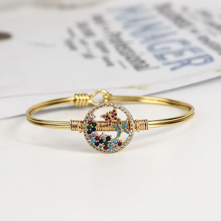 

BA1030 Fashion Bangle Gold plated Diamond CZ Micro Pave colourful Butterfly copper Ladies Jewelry