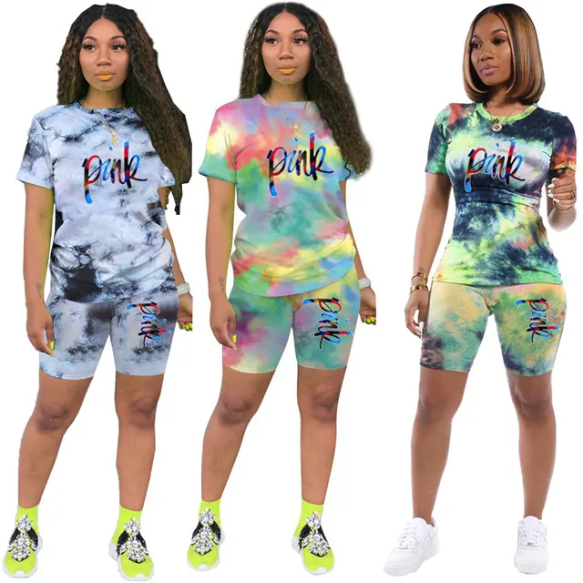 

2021 Summer New Products Women's Set Sexy Tie Dye Pink Letter Print Short Sleeve Short Two-piece Set, Picture showed