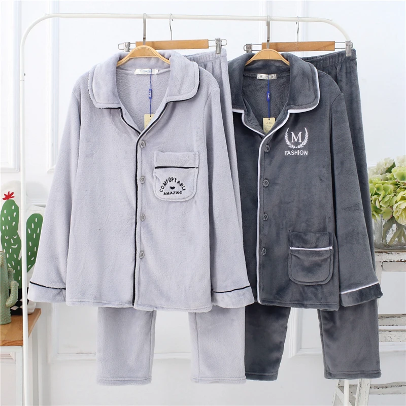 

Fashion Warm Flannel Thick Men's Pajamas Winter Turn-down Collar Male Homewear High Quality Long Sleeve Pants Sleep Lounge Sets