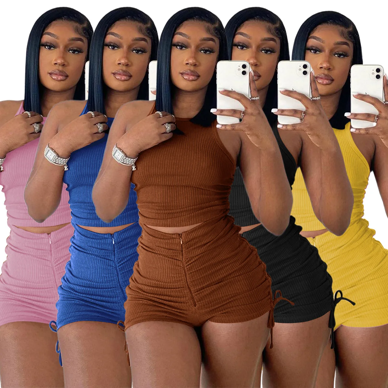

Casual Sport Solid Color Pleated Casual Summer 2 Piece Set Women Two Piece Pants Set women clothing