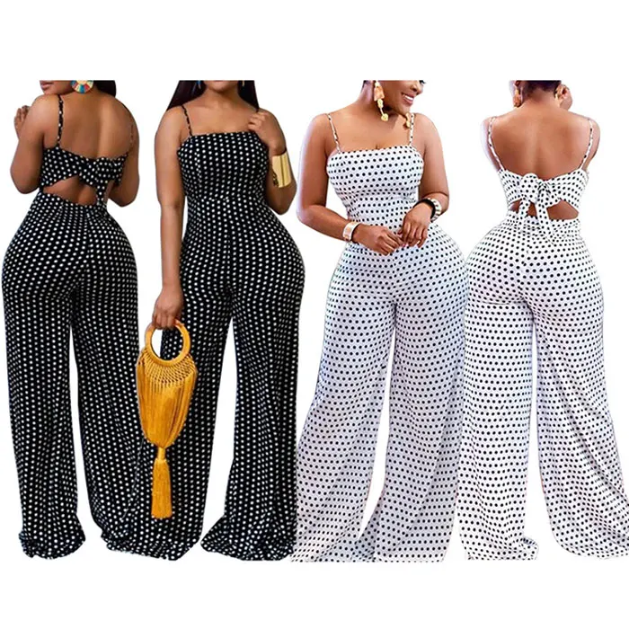 

2020 Latest Fashion Wholesale Off the Shoulder Polka Dot Wide Leg Bodycon Rompers and Jumpsuits for Women