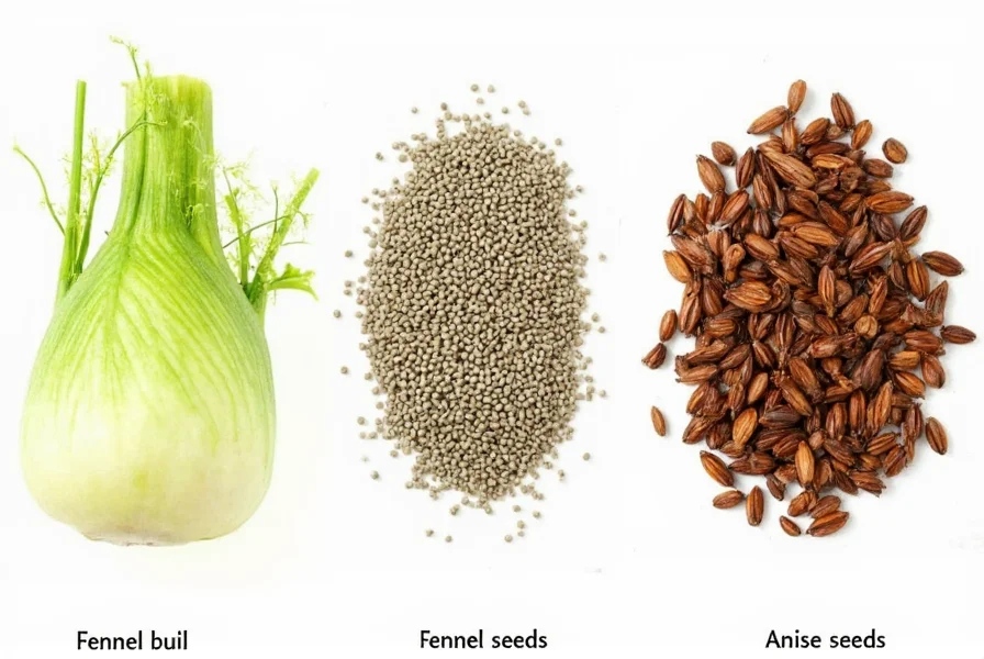 Side-by-side comparison of fennel bulb, fennel seeds, and anise seeds showing physical differences