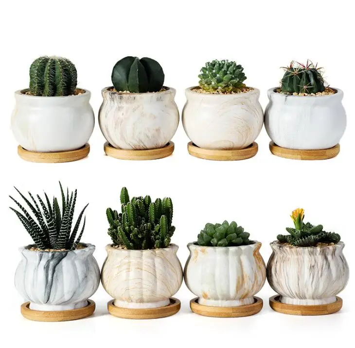 

2020090528 Round Ceramic Plants Pot Indoor Flower Pot with wooden pad plant not included