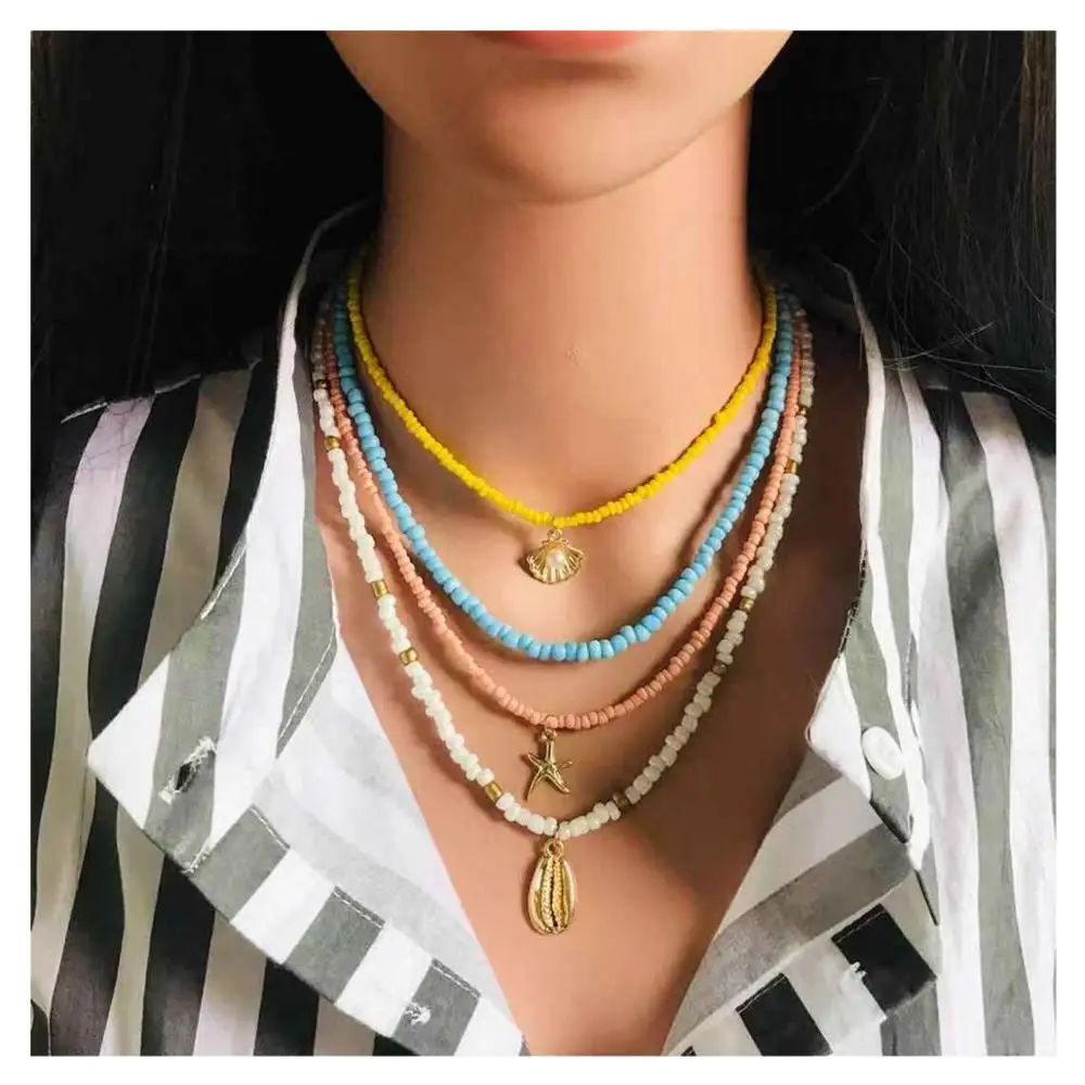 

Summer Best Selling Bohemian Multilayer Colorful Seed Bead Clavicle Necklace Gold Plating Scallop Starfish Shell Necklaces