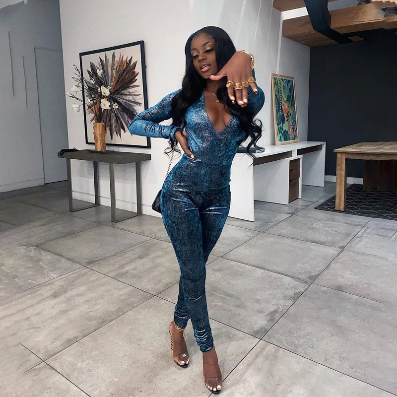 

Free Shipping C12478 - Women Fashion V Neck Bodycon Shiny Bling Jumpsuit