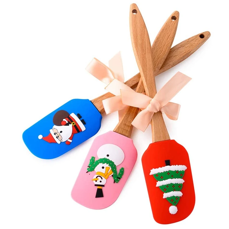 

Christmas Gifted Santa Claus Snowman Pattern Cream Butter Spatula with Wooden Handle Printing Christmas Silicone Spatula Set, As shown
