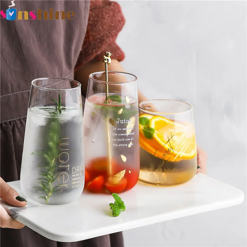 

Creative INS Style Transparent Gold Letter printed Glass mug Home Office Drinkware Beverage Dessert Juice Cup, As picture