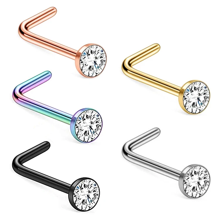 

Wholesale stainless steel nose piercing hypoallergenic rhinestone bezel setting nostril body jewelry 20G L shape nose ring
