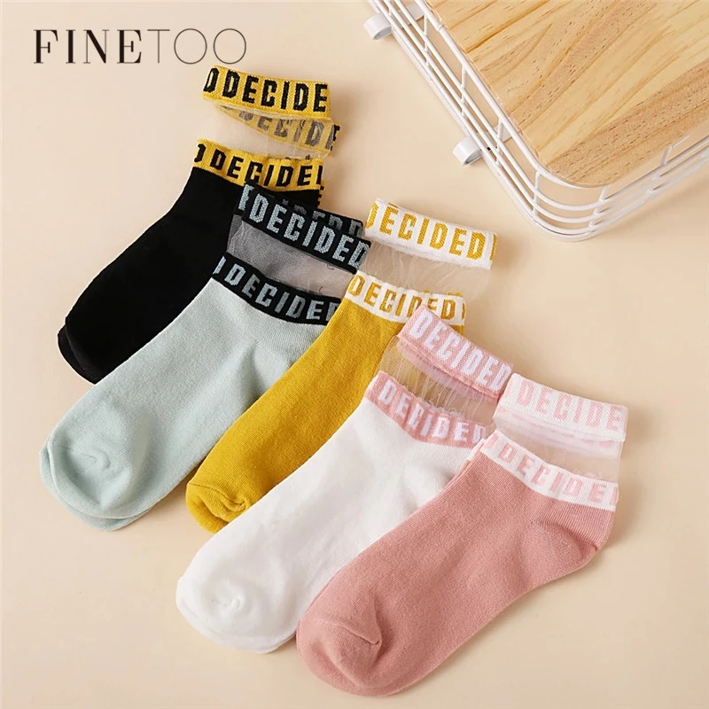 

FINETOO Summer Letter Patterned Socks Women Comfort Hollow Out Cotton Transparent Short Socks Thin Casual Ankle Socks for Girls