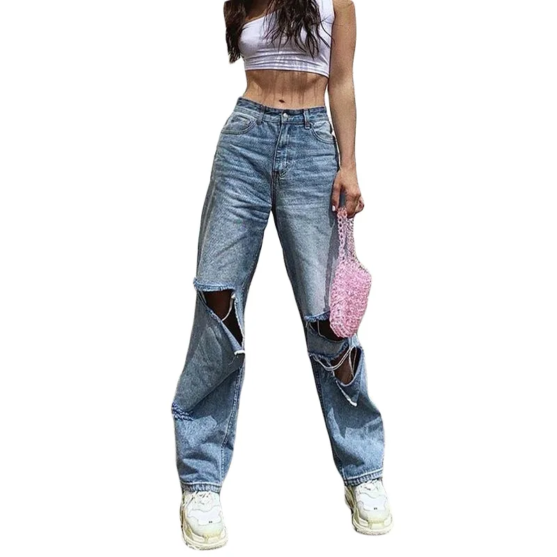 

Fashion Women's Loose High Waist Wide Leg Pants Straight Pants Ripped Design Jeans Trousers
