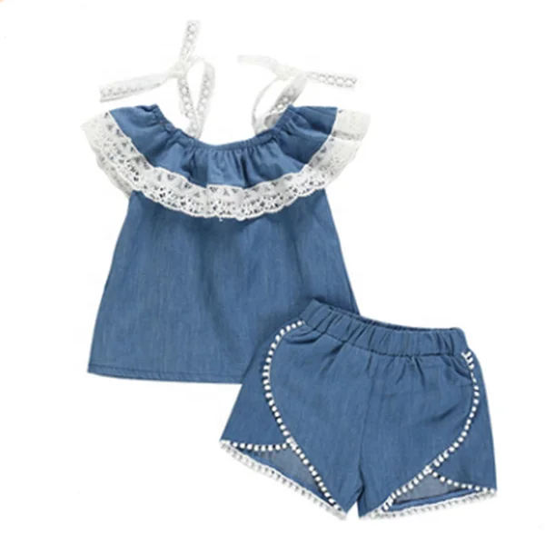 

wholesale summer shorts sets for 1-3 years old girls Jean lace halter short sleeves and jean shorts outfits, Bule