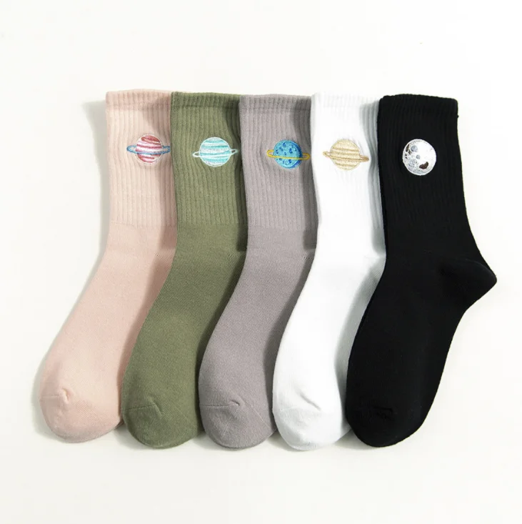 

women's embroidered celestial body design cotton socks ladies solid color sport sock, Colors