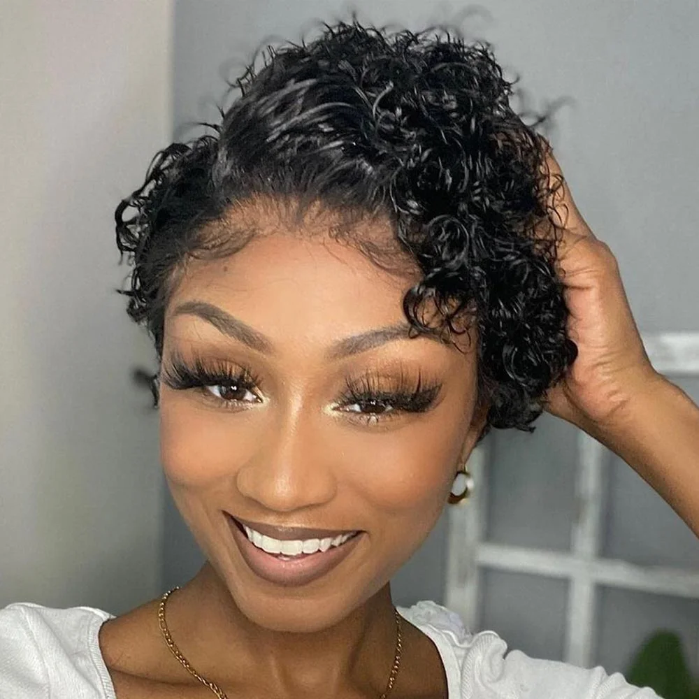 

Transparent Hd Full Lace Human Hair Wigs100% Human Hair Wigs With Preplucked HairlinePixie Cut Short Curly Wave Wig For Woman