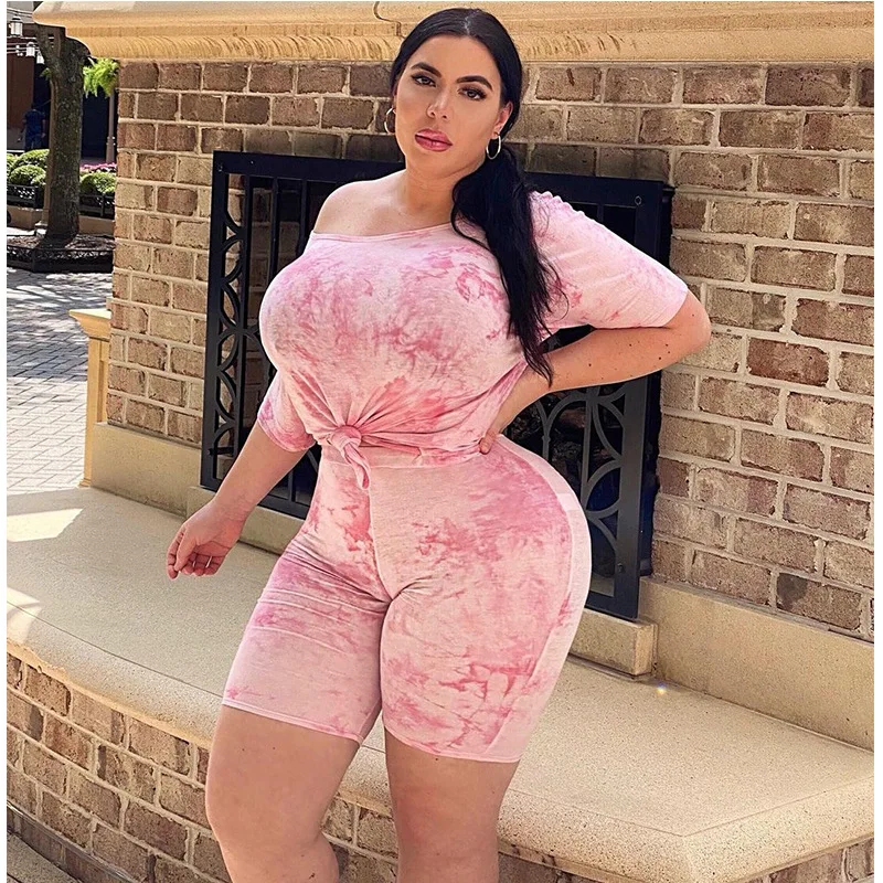 

High-waist Plus size ladies summer 2 piece set clothing tie-dyed pink casual XL-4XL two piece short set for women, 3 different color