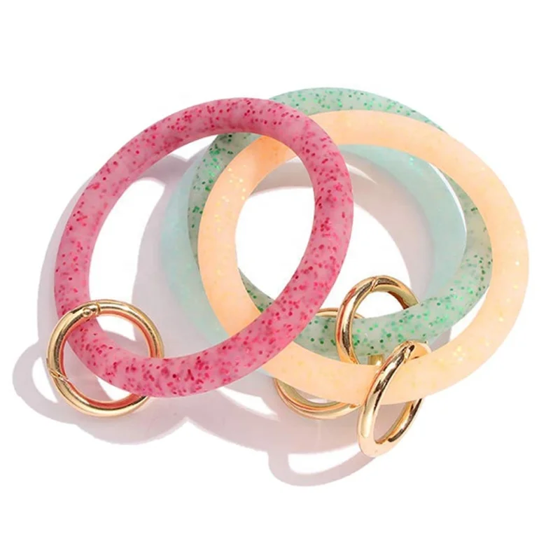 

Amazon Hot Sell Glitter Colors Marble Round Silicone Bracelet Key Ring O Ring Silicone Bracelet Key Chain, Customized color