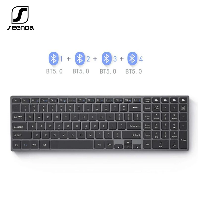 

SeenDa Bluetooth keyboard Aluminium Alloy Multi Device Wireless Rechargeable Wireless keyboard 4- Device Sync, Gray