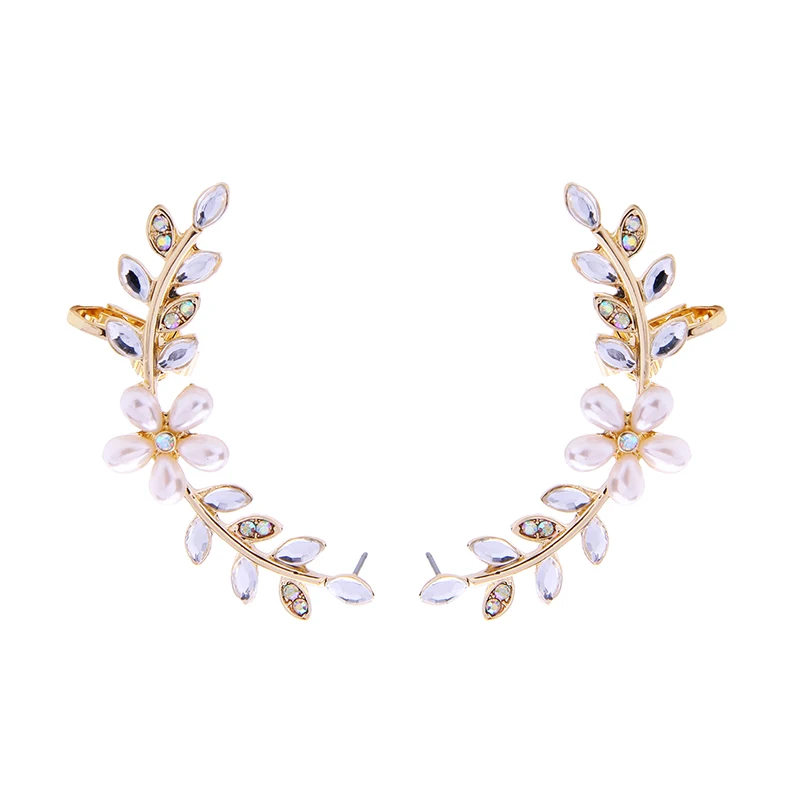 

ed01220b White Flower Fancy Rhinestone Crystal Pearl Jewelry Wholesale Gold Women Fashion Crawler Ear Climber Earrings