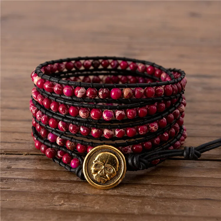 

Hot pink Sea Sediment Jasper bead 5 rows boho wrap around bead bracelet Vintage yoga bracelet