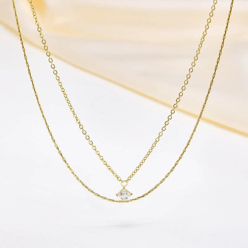 

Joolim Jewelry 18K Gold Plated Flashing Square Zirconia Pendant Double-layer Necklace Stainless Steel Jewelry Wholesale