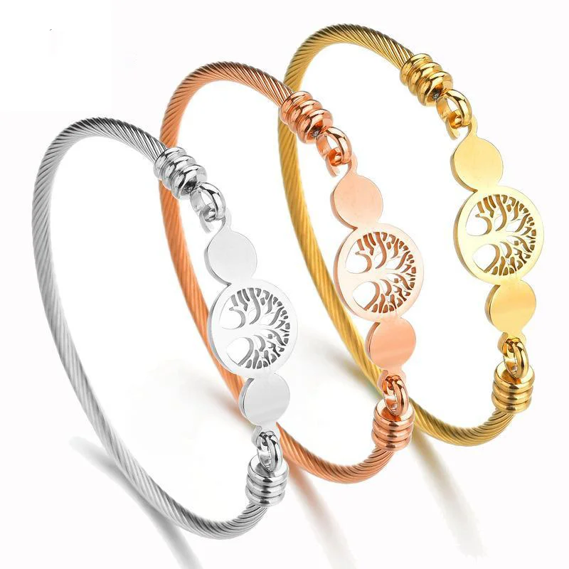

Factory direct sale hollow tree of life stainless steel bracelet fashion stainless steel brushed three-color open bracelet, As shown in color
