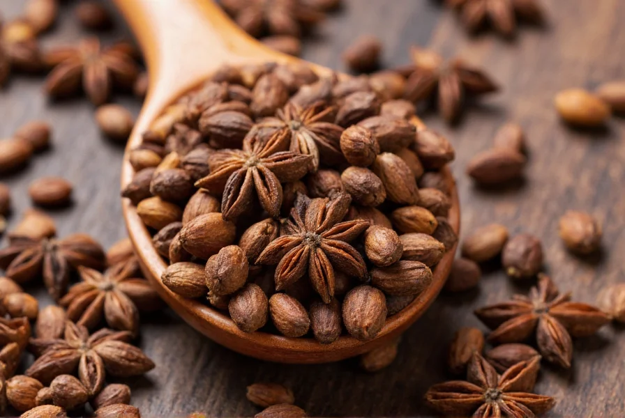 Close-up of anise seeds on wooden spoon with tea preparation ingredients