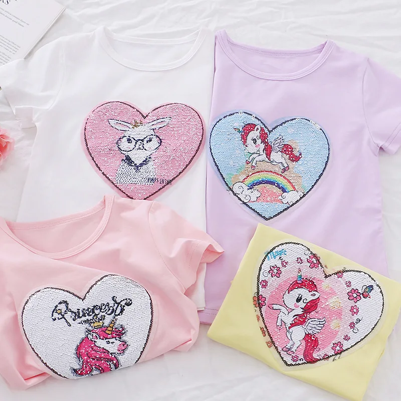 

KD-308 wholesale 2022 Summer Sequined Cartoon Unicorn print Short Sleeve t shirts for baby girls 100% cotton knit shirts, Multicolor as picture show