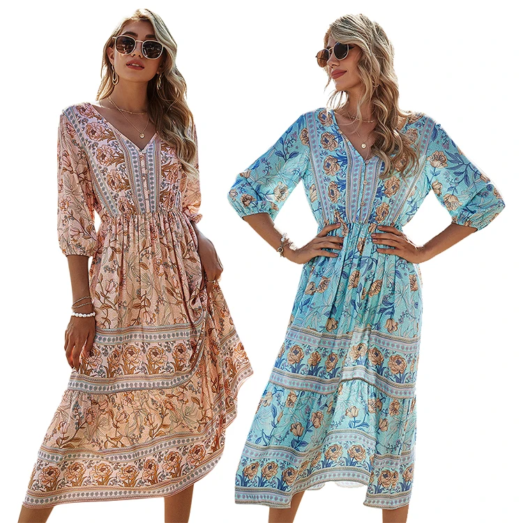 

2021 High Quality Ladies Cotton Costume Casual Floral Dress V Neck High Waisted Bohemian Women Wholesale Dress