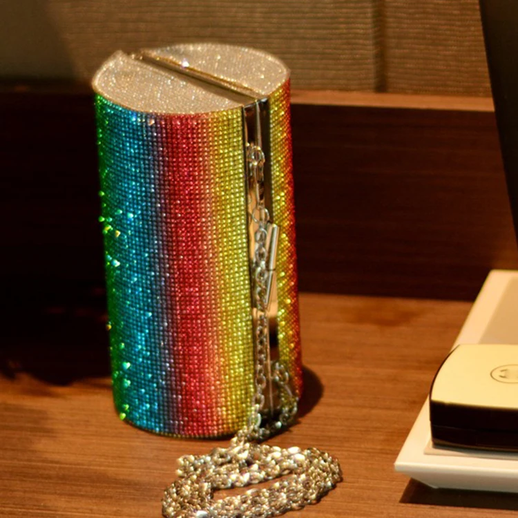 

Cylindrical Rainbow Shoulder Handbag Crossbody Rhinestone Crystal Handbags Purse, Customized color