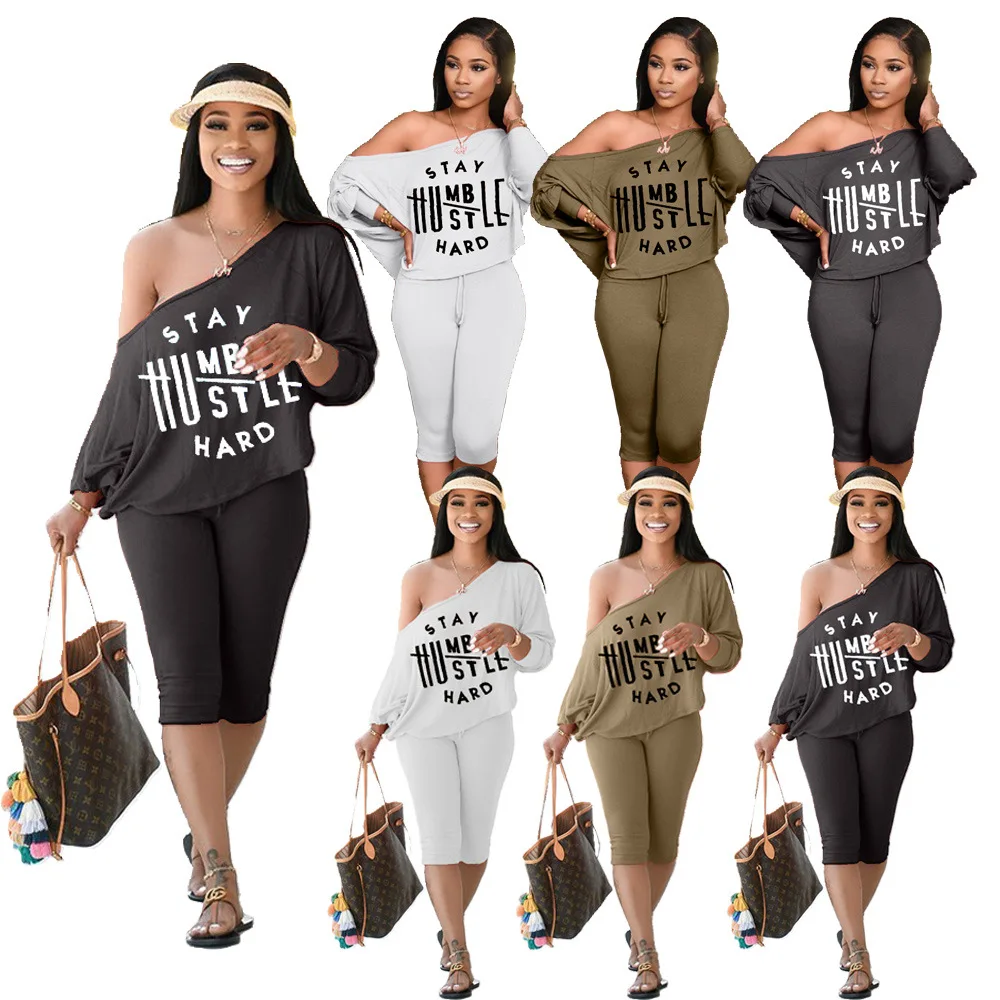 

YFS3668 2021 new arrival summer ladies two piece sets outfit pants sets letter printed short sleeves women clothing 2 piece sets