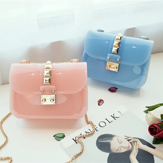 

Elegant PVC Rivet Chain Small Mini Bag Matte Candy Color Shoulder Jelly HandBags Women small purses, Customized color