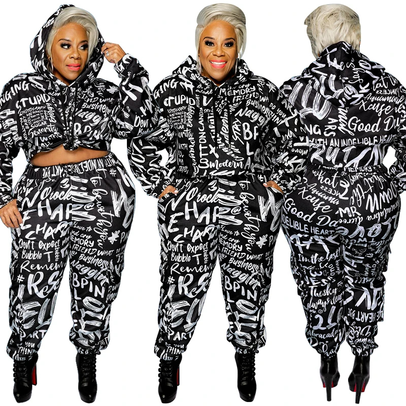 

A142 New Spring Fashion Print Hooded Warm Plus Size Two Piece Set Women Clothing Two Piece Pants Set