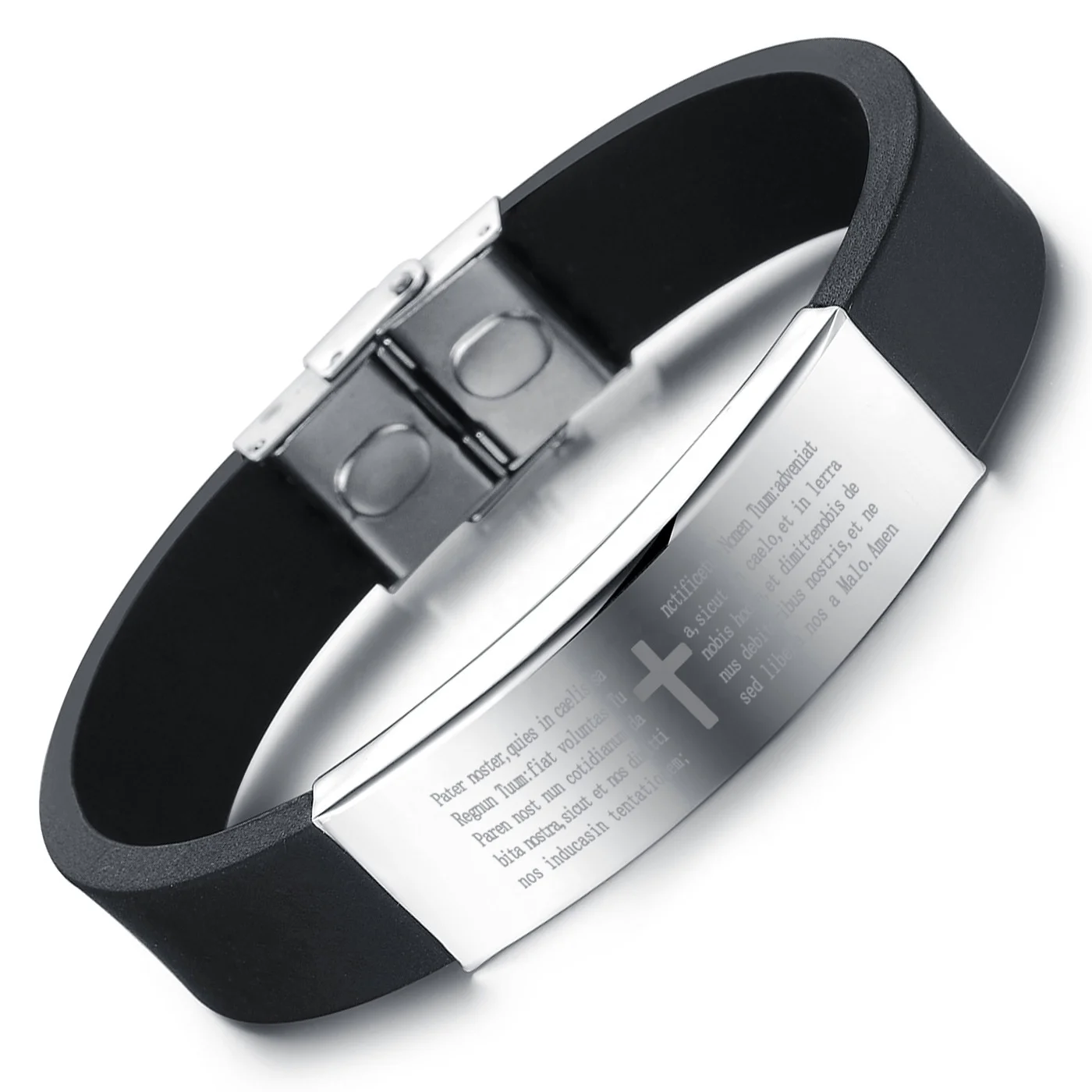 

Free Sample Jewelry High Quality Genuine Silicone Material Cross Christian Scriptures 316L Stainless Steel Bracelet, White