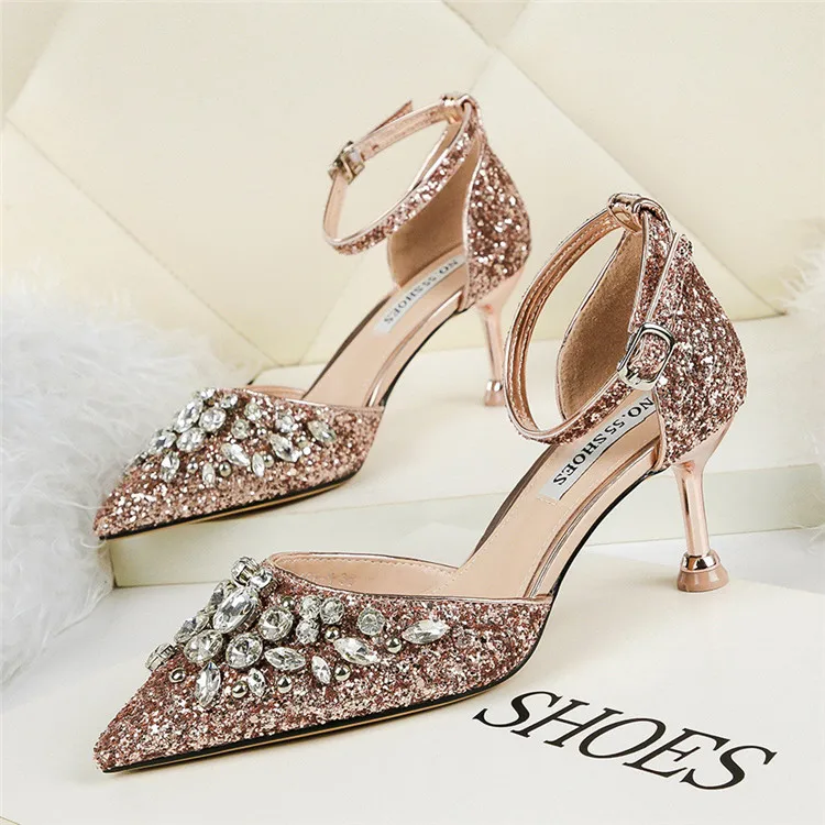 

Sexy pointed toe low-cut rhinestone high heels sequined strap sandals stiletto heel party shoes, Red, black, silver, gold, rose gold, champagne