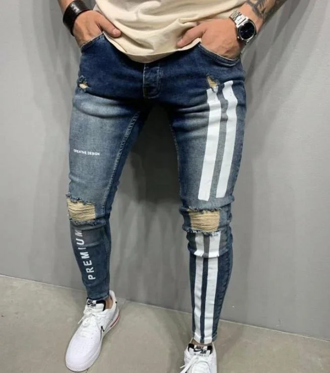 

Jhcentury Blue jeans Straight Hole jeans Men Casual Slim pants Men's Trousers