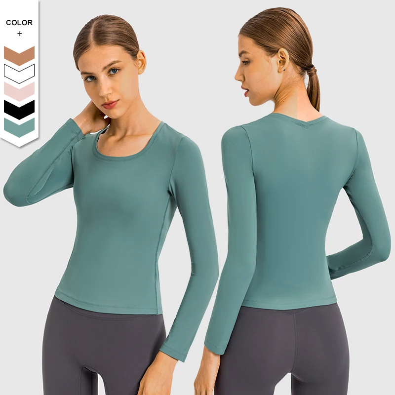 

OEM Women Slim Fit Stretchy Long Sleeve Yoga T-Shirt Scoop Neck Sueded Sports Fitness workout Tops For Women Active wear