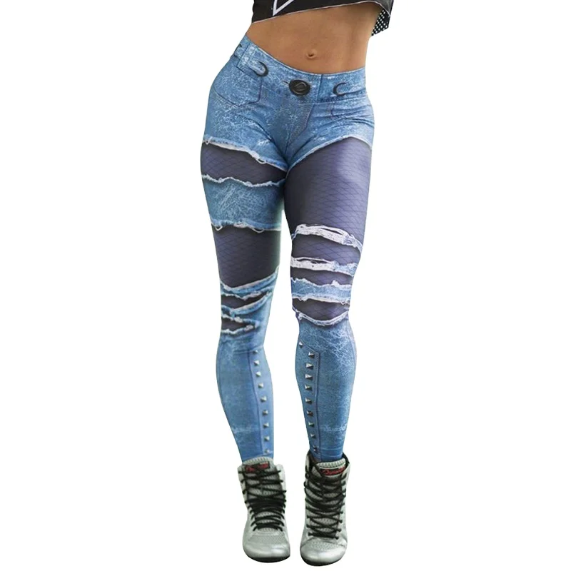 

Female Broken Hole Denim Street Leggings Sexy Trendy Tights Digital Print Tie-Dye Yoga Pants, Colors